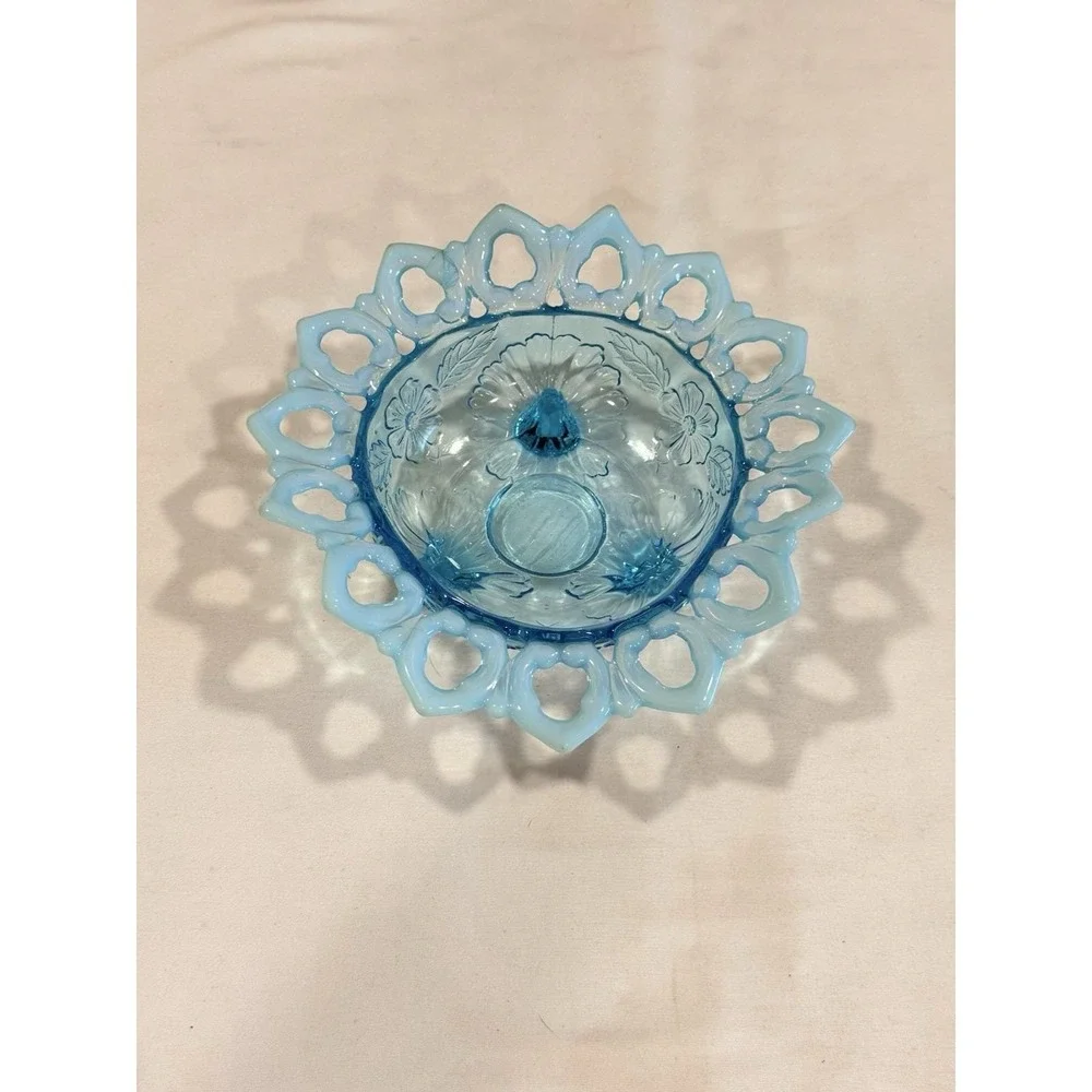 Northwood Blue Opalescent Bowl Dish Shell & Flower  *3 Sides Up* 1900's